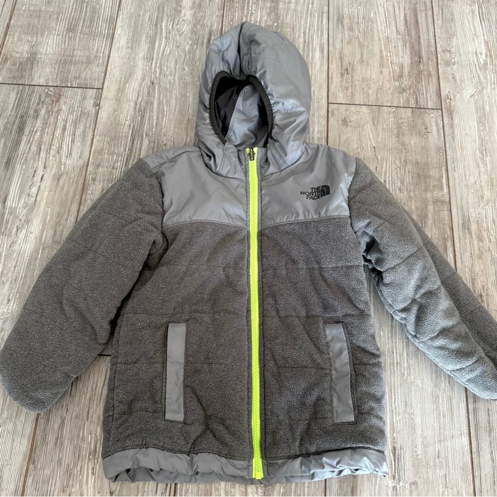 The North Face Gray Hooded Jacket with Neon Accents